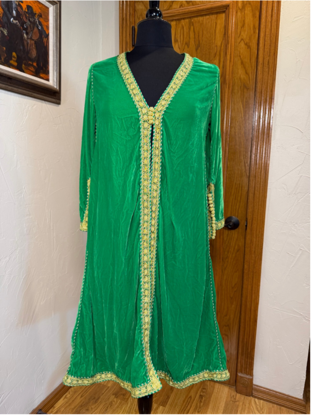 Emerald Green Velvet Kaftan Caftan Gold Metallic Trim Small - Picture 2 of 10